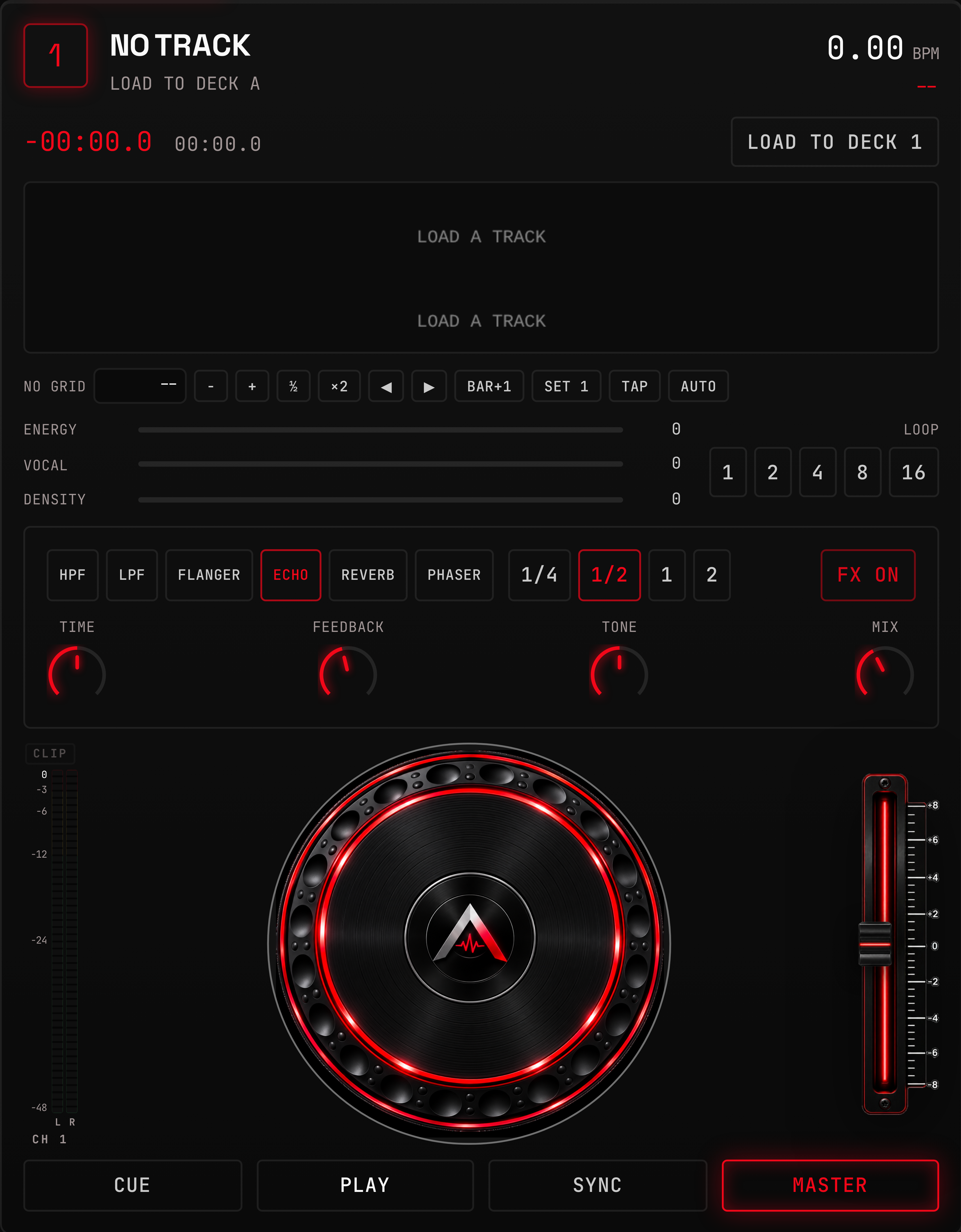 METRA DJ deck with waveform, beatgrid controls, loops, FX and platter