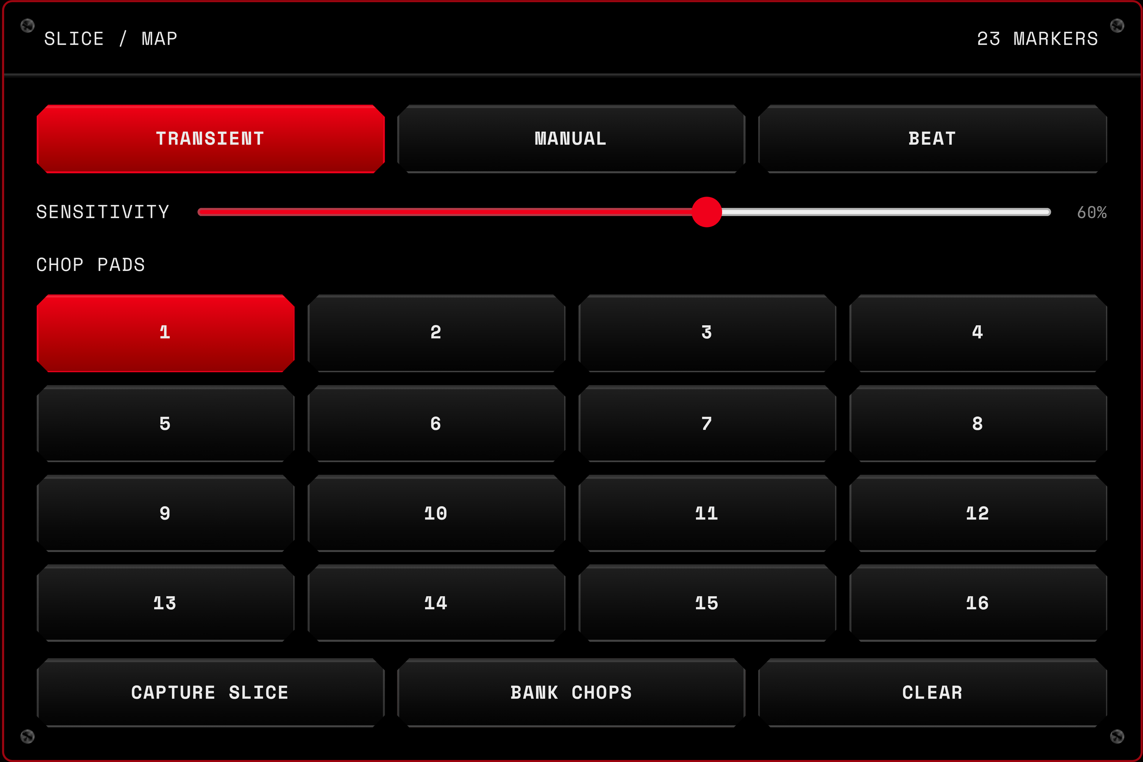Real CRATIV SAMPLER transient, manual and beat slice modes, sensitivity control and sixteen chop pads