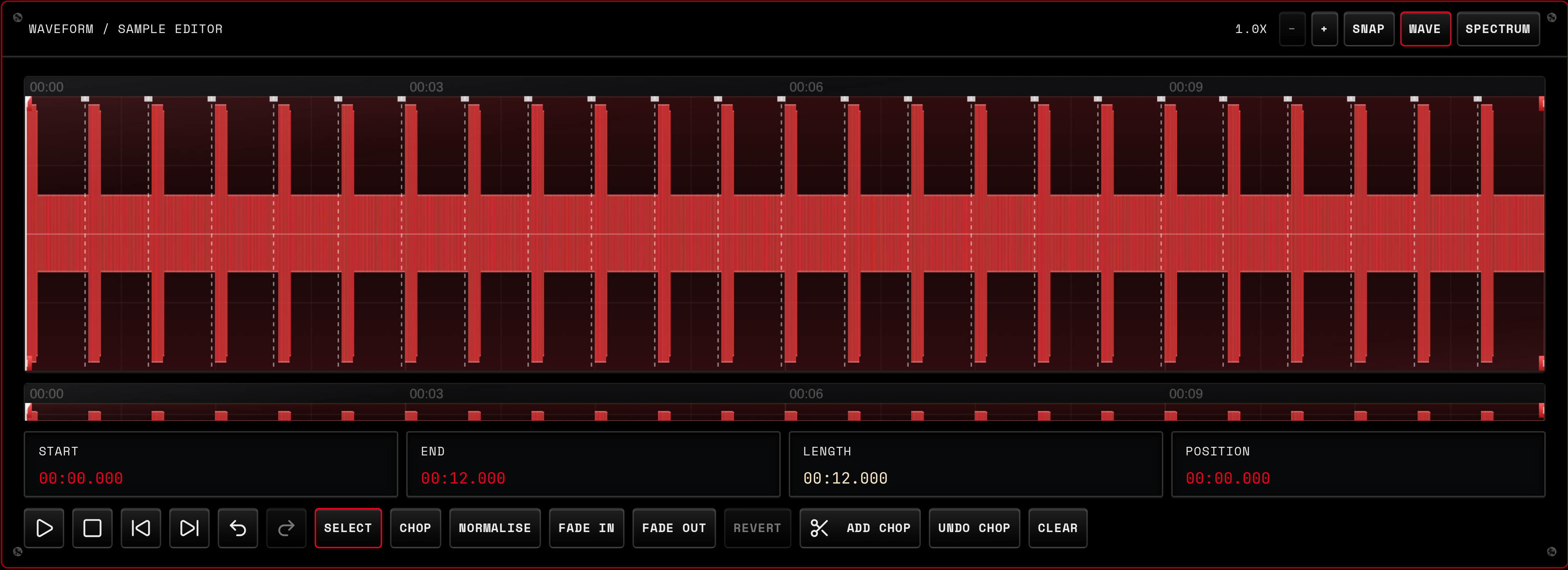 Real CRATIV SAMPLER waveform editor, overview, region readouts, zoom, snap and chop controls