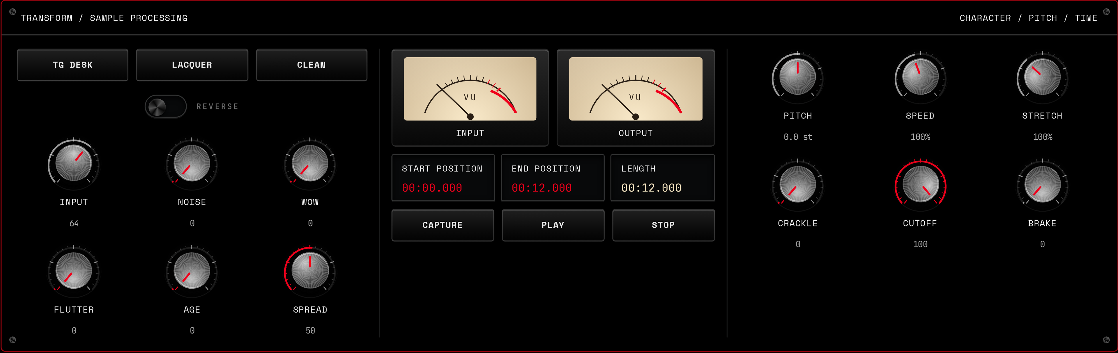 Real CRATIV SAMPLER analogue section with vinyl character knobs, presets, capture, pitch, speed and stretch