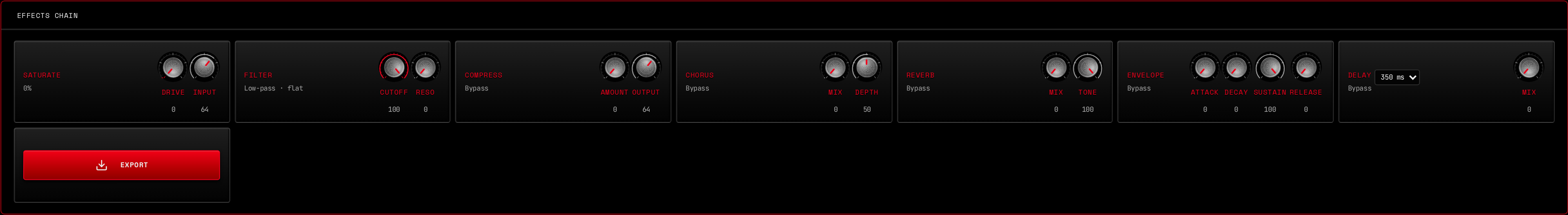 Updated CRATIV SAMPLER effects chain with Saturate, Filter, Compress, Chorus, Reverb, Envelope, Delay and WAV export
