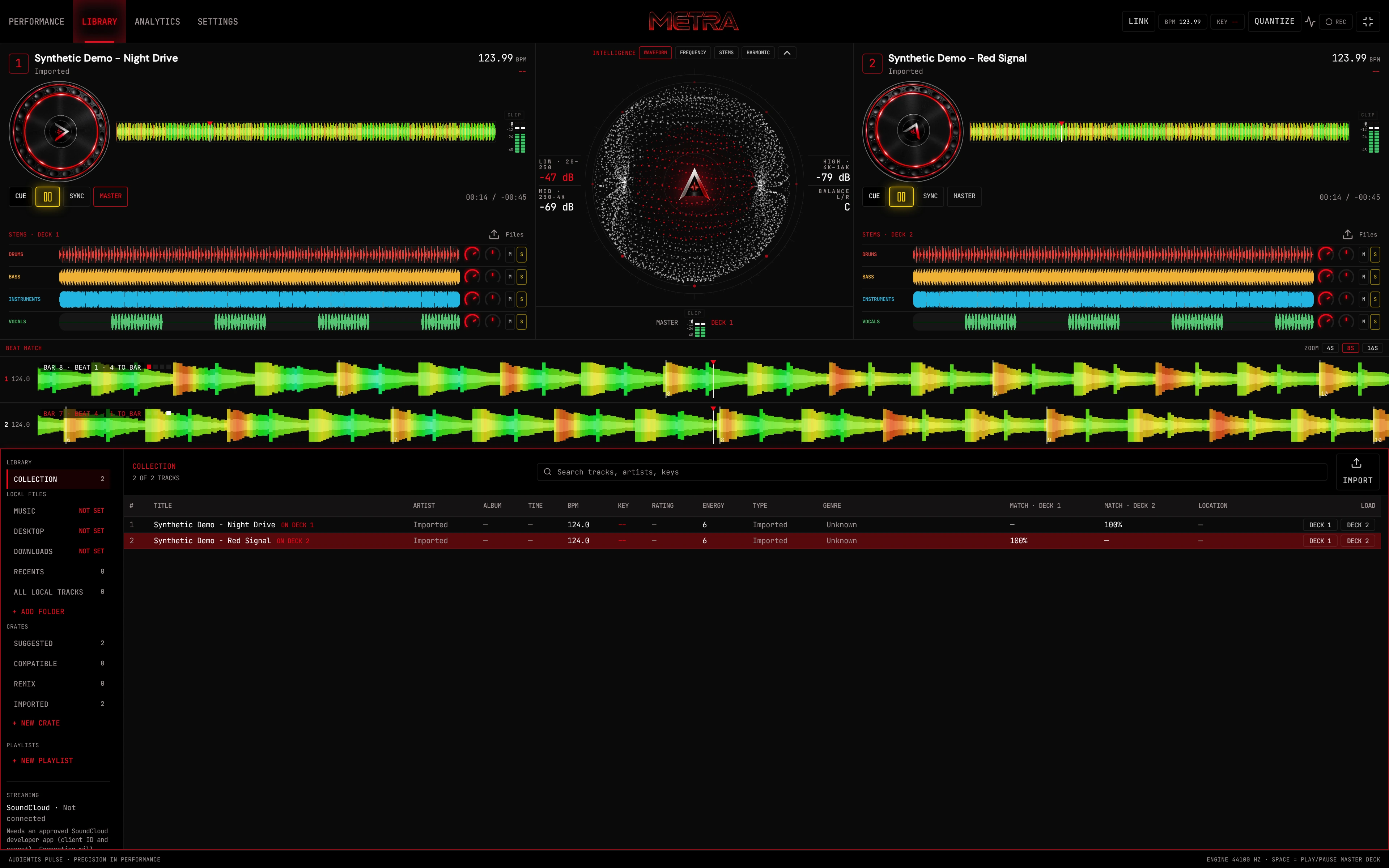 Real METRA DJ Library mode with compact live decks, centred Intelligence, stacked beat-match waveforms and the expanded collection browser
